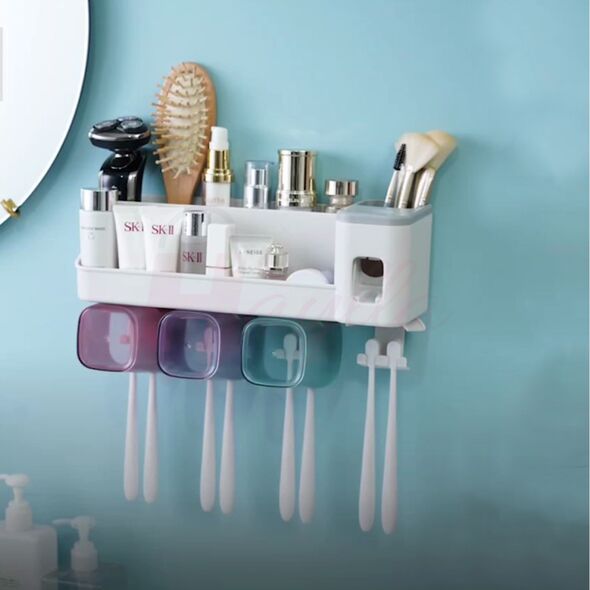  موزع معجون أسنان مع حامل أغراض الحمام وفرشاة الأسنان 8في1 Toothpaste Dispenser Shelf 8en1 & Bathroom Storage Shelf