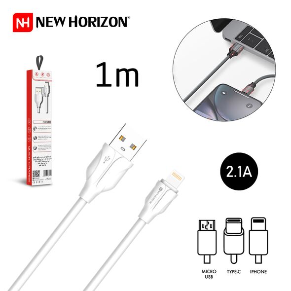  كابل USB متين عالي الجودة يدعم الشحن السريع والآمن ونقل البيانات بسرعة New Horizon Câble USB Fast Charge Speedy 2.1a CAF004