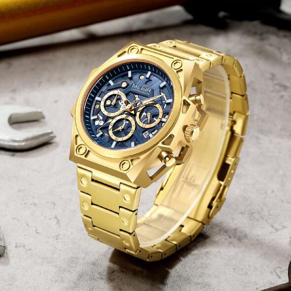  ساعة يد كلاسيكية حديدية ذهبية كرونوميتر للرجال Montre MEGIR Hexagonal inoxydable dorée pour hommes